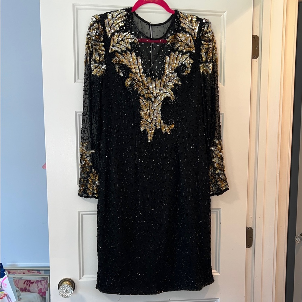 Laurence Kazar Vintage glam Black Sequin beaded Dress with Gold Embellishments